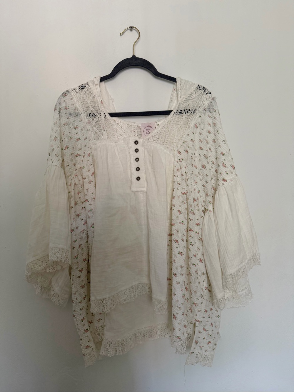 Ruri & Ruda Boho Lace-Trim White Floral Oversized Peasant Top